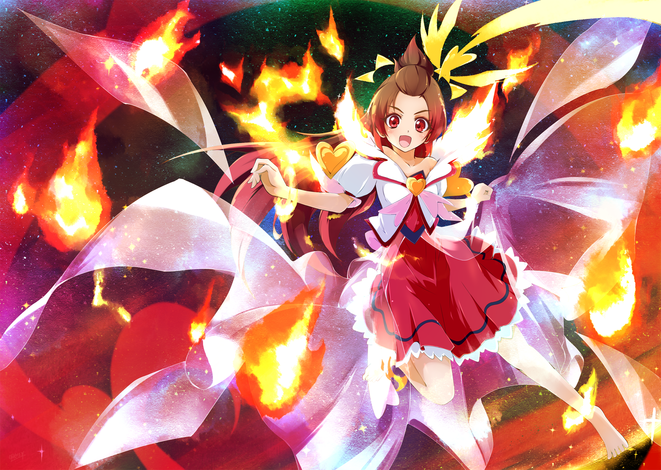 1girl :d ashita_wa_hitsuji barefoot brooch brown_hair cure_ace dokidoki!_precure female_focus fire full_body gradient_hair heart heart_brooch henshin highres jewelry long_hair looking_at_viewer madoka_aguri magical_girl multicolored_background multicolored_hair open_mouth precure puffy_sleeves red_eyes red_hair red_skirt skirt smile solo
