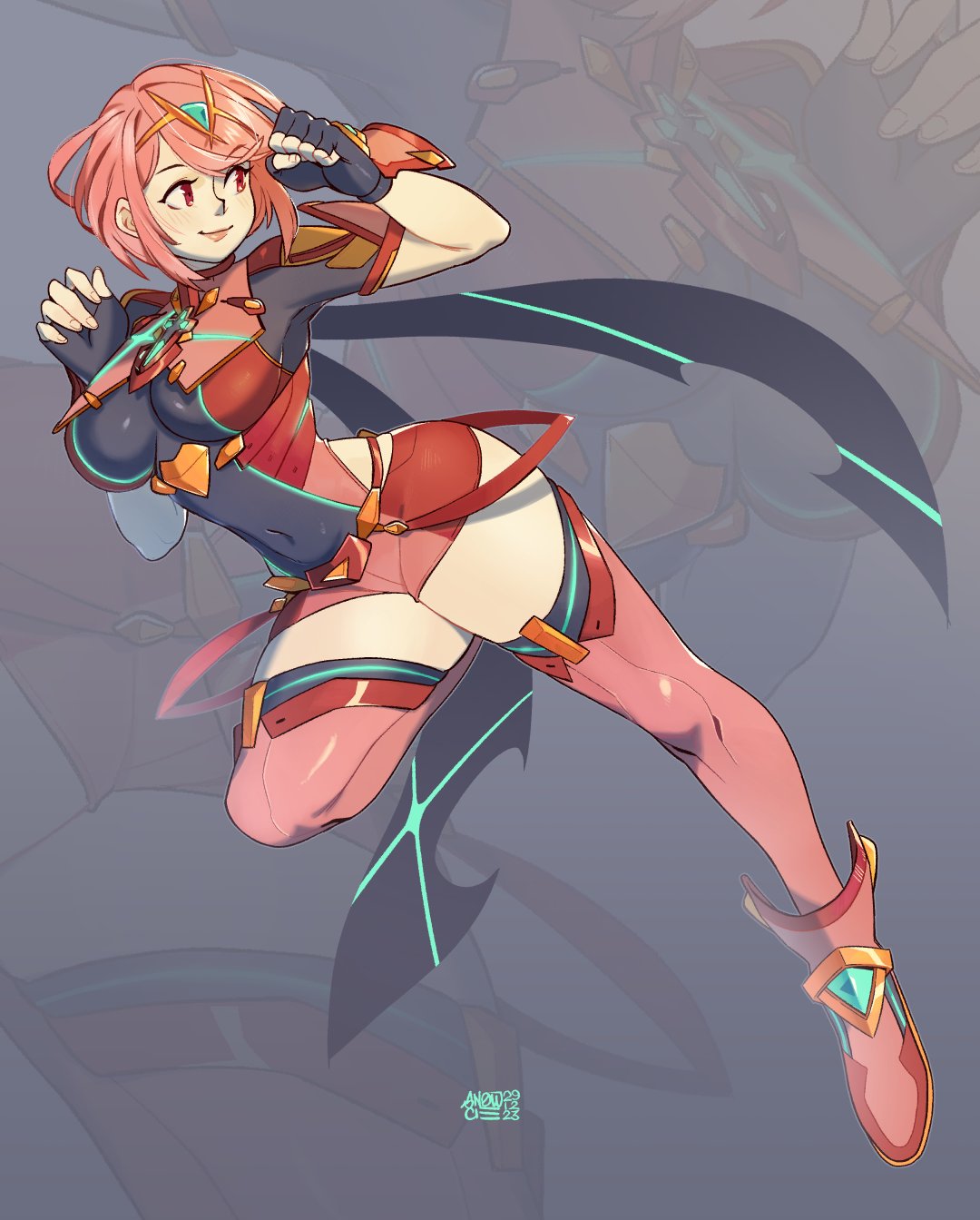 1girl 2023 armor black_gloves blue_background bob_cut boots breastplate breasts chest_jewel clenched_hands commentary covered_navel english_text female_focus fingerless_gloves full_body gloves hair_between_eyes highres large_breasts leg_up looking_to_the_side micro_shorts neon_trim nintendo pyra_(xenoblade) red_armor red_boots red_eyes red_hair red_lips red_shorts red_thighhighs short_hair short_sleeves shorts shoulder_armor simple_background smile snowcie solo swept_bangs thighhighs tiara turtleneck underbust vambraces xenoblade_chronicles_(series) xenoblade_chronicles_2 zoom_layer