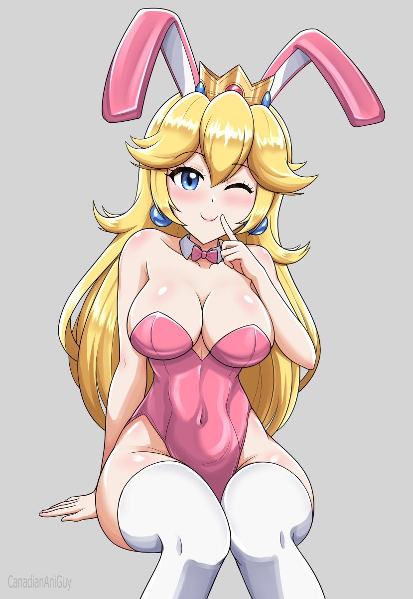 1girl animal_ears bare_shoulders blonde_hair blue_eyes blush bow bowtie breasts canadiananiguy cleavage closed_mouth covered_navel crown detached_collar earrings fake_animal_ears highleg highleg_leotard highres jewelry large_breasts leotard long_hair looking_at_viewer mario_(series) navel nintendo one_eye_closed pink_bow pink_bowtie pink_leotard playboy_bunny princess_peach rabbit_ears shiny_skin simple_background smile solo sphere_earrings thighhighs white_thighhighs
