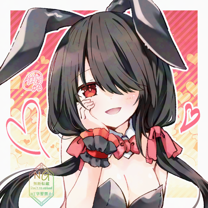 1girl animal_ears black_hair black_leotard blush bow bowtie breasts cleavage date_a_live detached_collar fake_animal_ears frilled_cuffs hand_on_own_face hoshibana_anima leotard long_hair looking_at_viewer medium_breasts open_mouth rabbit_ears red_bow red_bowtie red_eyes smile solo tokisaki_kurumi twintails