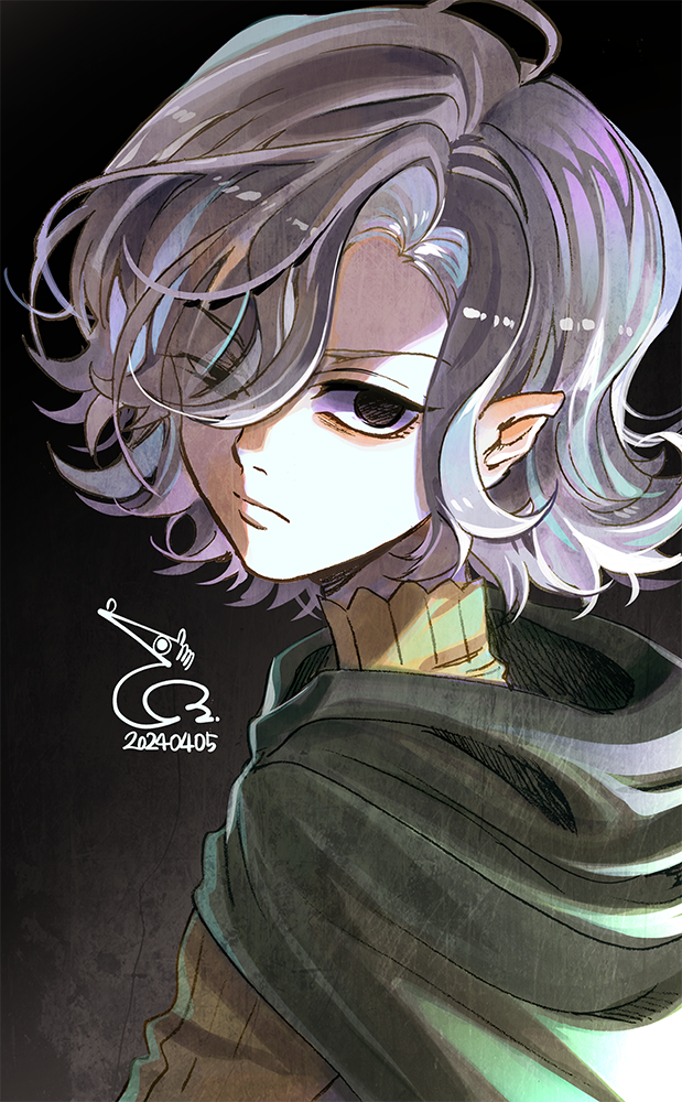 1boy bae_(baebae) bags_under_eyes black_background black_eyes dungeon_meshi elf gorget green_shirt grey_hair lazy_eye long_sleeves looking_at_viewer male_focus mithrun notched_ear partially_shaded_face pointy_ears shirt short_hair simple_background solo uneven_eyes upper_body wavy_hair