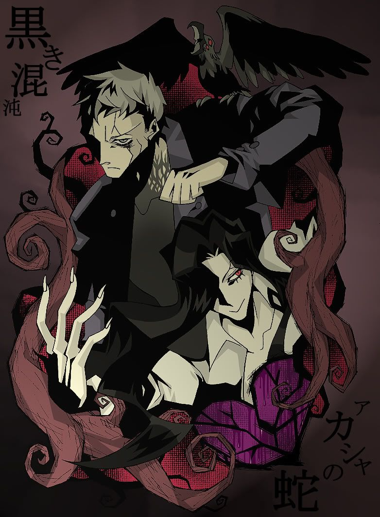 2boys animal animal_on_shoulder bird black_coat coat collared_shirt crow evil_smile expressionless fingernails grey_eyes grey_hair hair_over_one_eye long_coat long_hair looking_to_the_side male_focus melty_blood michael_roa_valdamjong multiple_boys nrvnqsr_chaos open_clothes open_shirt red_eyes sharp_fingernails shirt smile tsukihime vampire