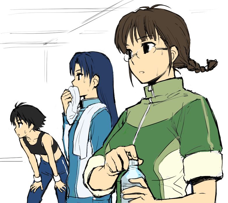 3girls akizuki_ritsuko alternate_breast_size_(larger) antenna_hair b_suke bent_over black_eyes black_hair black_sports_bra blue_hair bottle braid breasts brown_hair commentary_request hands_on_own_knees holding holding_bottle idolmaster idolmaster_(classic) idolmaster_1 jacket kikuchi_makoto kisaragi_chihaya large_breasts long_hair multiple_girls short-sleeved_jacket short_hair short_sleeves small_breasts sports_bra sweat towel towel_around_neck track_jacket track_suit water_bottle wiping_mouth wristband