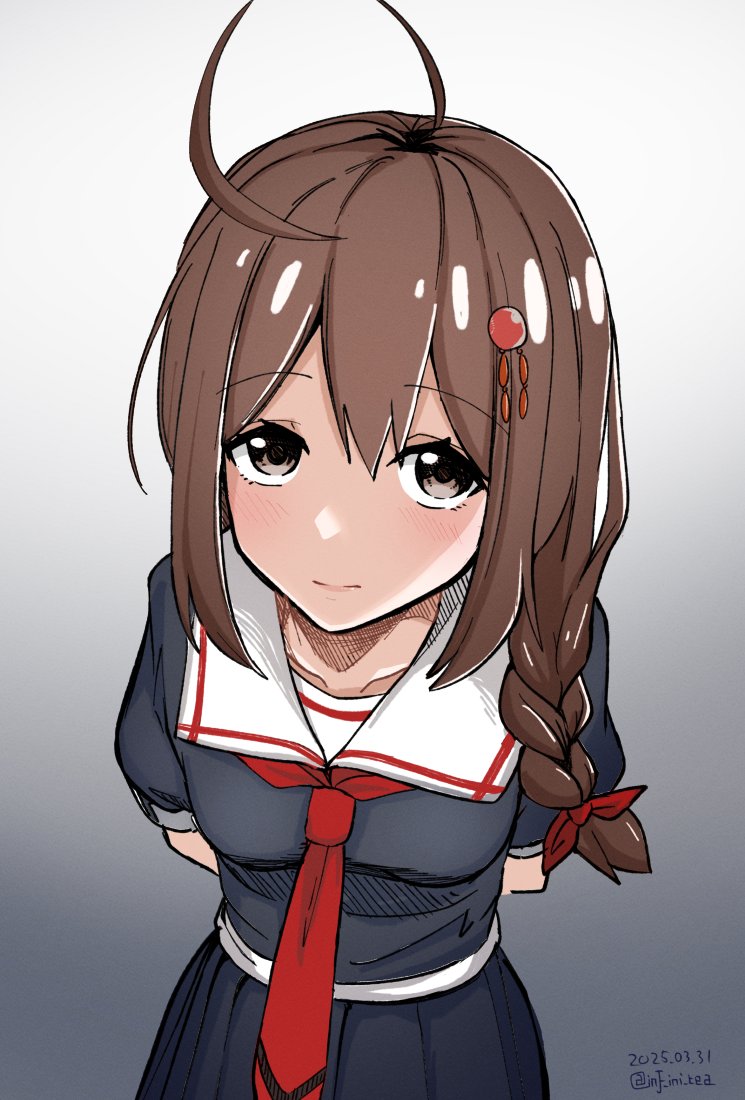 1girl ahoge arms_behind_back black_serafuku black_shirt black_skirt braid brown_eyes brown_hair gradient_background grey_background hair_over_shoulder infini kantai_collection long_hair looking_at_viewer neckerchief pleated_skirt red_neckerchief sailor_collar sailor_shirt school_uniform serafuku shigure_(kancolle) shigure_kai_ni_(kancolle) shirt single_braid skirt solo white_sailor_collar