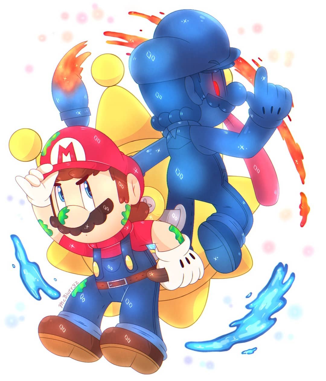 2boys angry artist_name back-to-back blue_eyes clone f.l.u.d.d. facial_hair full_body gloves hat highres mario mario_(series) multiple_boys mustache nintendo overalls paint paintbrush red_eyes shadow_mario shine_sprite super_mario_sunshine water