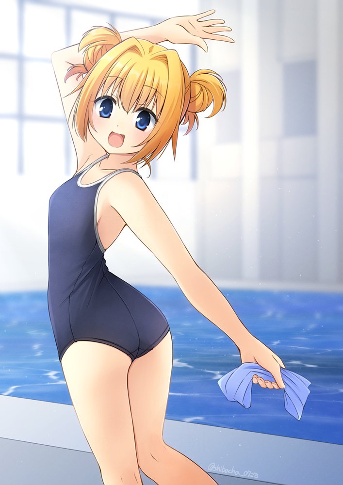 1girl ass blonde_hair blue_eyes blue_one-piece_swimsuit chitose_sana commentary_request commission competition_school_swimsuit double_bun feet_out_of_frame hair_bun hair_intakes holding indoors one-piece_swimsuit pool school_swimsuit shibacha short_hair skeb_commission smile solo swimsuit tenshinranman unworn_swim_cap