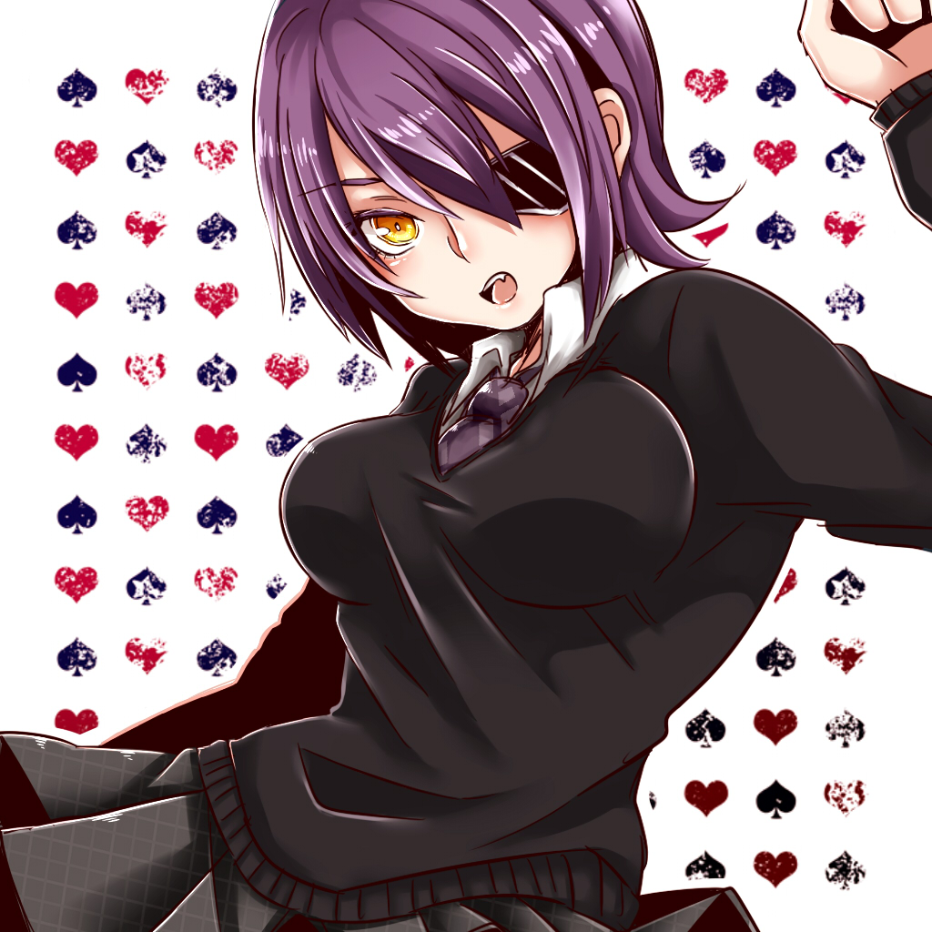 10s 1girl blush breasts eyepatch fang female_focus gloves heart kantai_collection large_breasts necktie open_mouth purple_hair school_uniform short_hair silco solo spade tenryuu_(kancolle) yellow_eyes