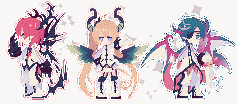 1girl 2boys :q ahoge arm_behind_back blonde_hair blue_eyes blue_hair blush_stickers boots brett_graves brown_eyes chibi claws closed_mouth dragon_horns dragon_wings eyepatch full_body garter_straps gloves grey_hair horns iris_ashbery jitome lieat long_hair long_sleeves looking_at_viewer matching_hair/eyes miwasiba multicolored_hair multiple_boys neil_masefield official_art outline outstretched_arm pigeon-toed pointy_ears profile purple_eyes red_background red_hair scales short_hair simple_background skirt smile sparkle standing streaked_hair swept_bangs sword tongue tongue_out twintails two-tone_hair uniform v-shaped_eyebrows very_long_hair weapon white_background white_footwear white_gloves white_skirt wings