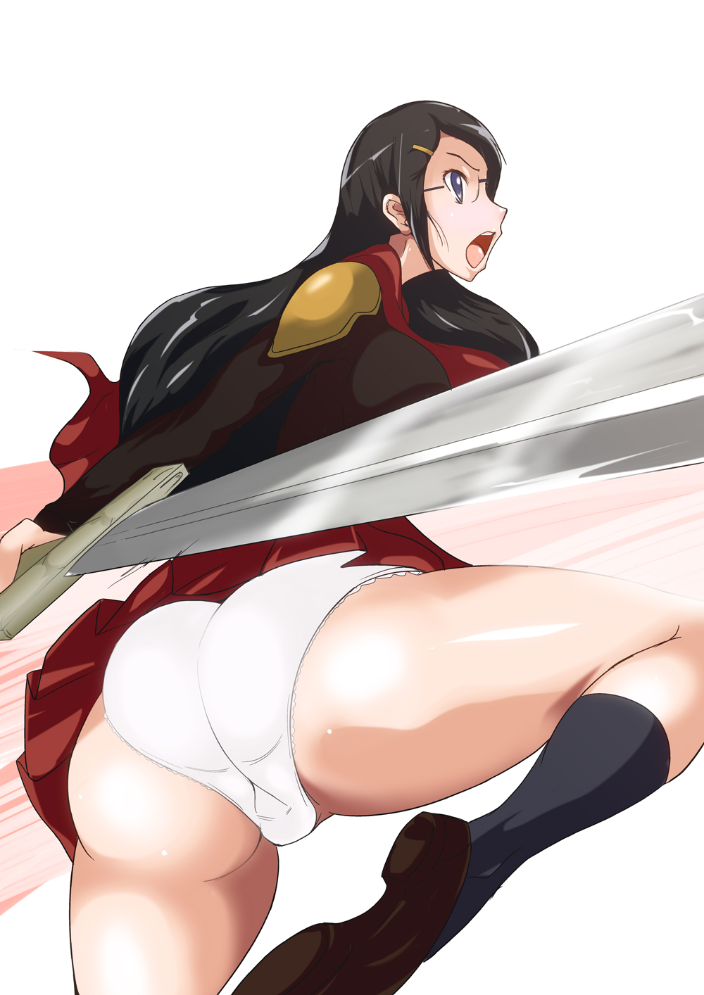 1girl ass black_hair blue_eyes breasts cape female_focus final_fantasy final_fantasy_type-0 from_behind from_below glasses hair_ornament hairclip highres huge_ass long_hair miniskirt open_mouth panties queen_(fft-0) shijima_(pixiv1182172) shiny_skin simple_background skirt solo striped_background sword underwear upskirt weapon white_panties