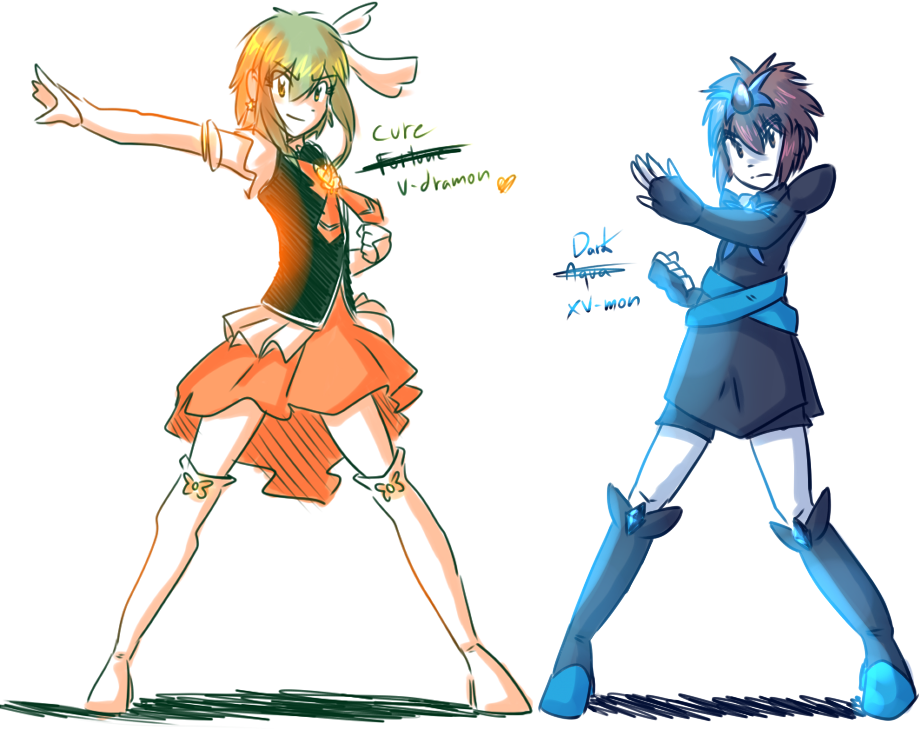 1boy 1girl cosplay crossdressing cure_fortune cure_fortune_(cosplay) dark_aqua dark_aqua_(cosplay) dark_cure_(yes!_precure_5) digimon happinesscharge_precure! looking_at_viewer magical_girl motomiya_daisuke precure shinomiya_rina smile yes!_precure_5