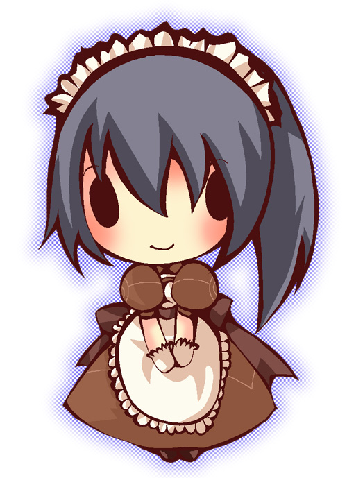 1girl 2000s_(style) apron blossom_(ragnarok_online) blush brown_dress chibi chibi_only closed_mouth commentary_request dress frilled_apron frills full_body gloves grey_hair high_ponytail kafra_uniform long_hair looking_at_viewer maid maid_headdress outline ponytail puffy_short_sleeves puffy_sleeves purple_outline ragnarok_online short_sleeves simple_background smile solid_oval_eyes solo white_apron white_background white_gloves yu_(lilacxx)