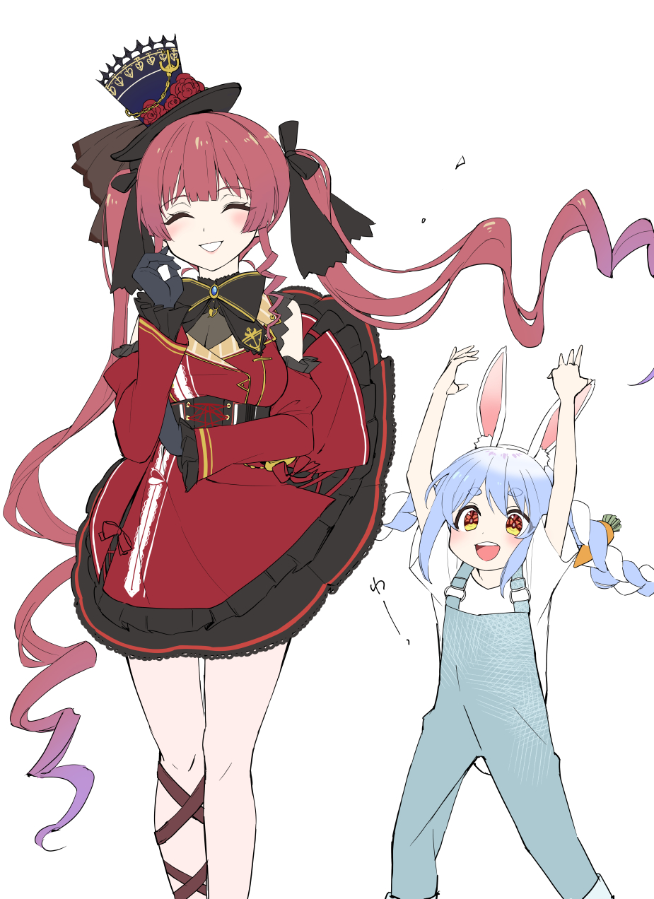 2girls :d black_bow black_bowtie black_gloves black_hat black_ribbon blush bow bowtie breasts cleavage closed_eyes corset detached_sleeves dress dress_flip drill_hair feet_out_of_frame flower frilled_dress frilled_sleeves frills gloves grin hair_ribbon hat hat_flower heart heart_necklace highres hololive houshou_marine houshou_marine_(gothic_lolita) implied_pantyshot jewelry large_breasts leg_ribbon long_hair long_sleeves multiple_girls necklace official_alternate_costume official_alternate_hairstyle open_mouth red_dress red_flower red_hair red_rose red_sleeves ribbon ringlets rose see-through_cleavage see-through_clothes short_dress simple_background skirt skirt_flip sleeveless sleeveless_dress smile summer_tail720 top_hat twin_drills twintails underbust upper_body usada_pekora very_long_hair virtual_youtuber white_background