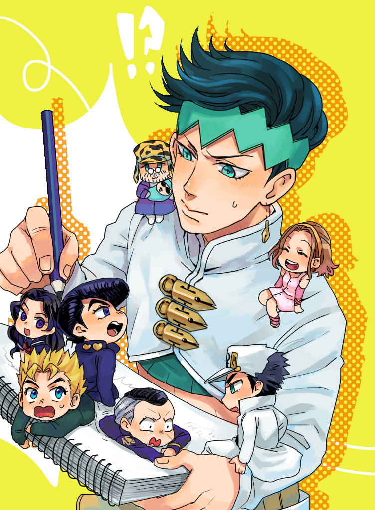 3girls 6+boys chibi crop_top diamond_wa_kudakenai gakuran green_eyes green_hair headband heaven&#039;s_door higashikata_josuke hirose_koichi holding holding_pencil jacket jojo_no_kimyou_na_bouken joseph_joestar joseph_joestar_(old) kishibe_rohan male_focus midriff mini_person miniboy minigirl multiple_boys multiple_girls nijimura_okuyasu no_earrings notebook pencil school_uniform serafuku shizuka_joestar sugimoto_reimi sunabu white_jacket yamagishi_yukako