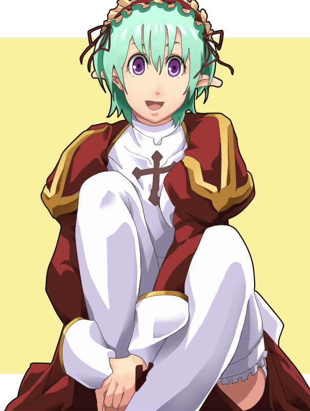 1girl commentary_request dress feet_out_of_frame frilled_hairband frilled_thighhighs frills green_hair hair_between_eyes hairband high_priest_(ragnarok_online) hutene juliet_sleeves long_sleeves looking_at_viewer open_mouth pointy_ears puffy_sleeves purple_eyes ragnarok_online red_dress red_hairband short_hair sitting smile solo thighhighs two-tone_background two-tone_dress white_background white_dress white_thighhighs yellow_background