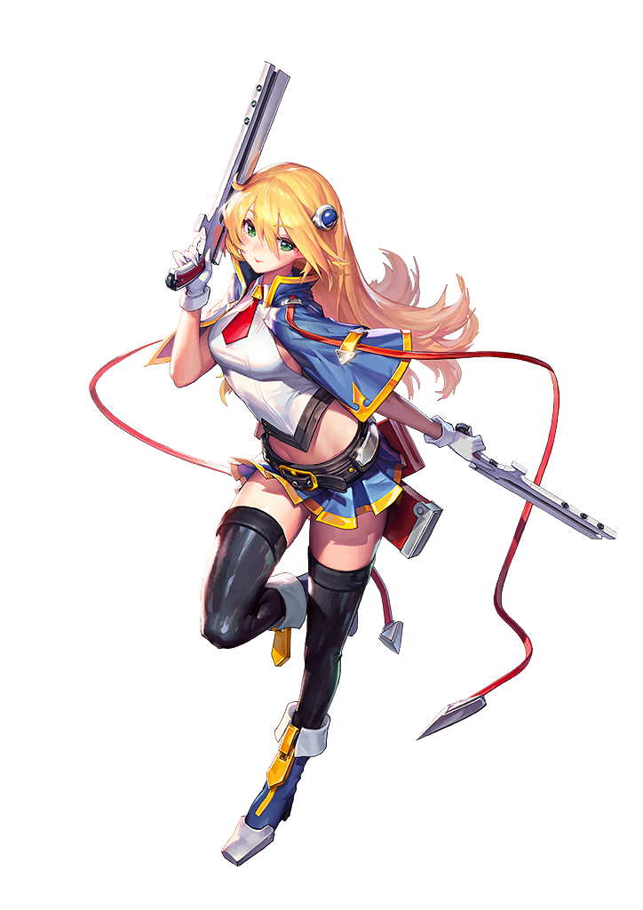 1girl ahoge artist_request bad_tag belt beret black_thighhighs blazblue blonde_hair blue_boots blue_capelet blue_skirt blush bolverk boots breasts capelet collared_shirt crop_top crossover destiny_child dual_wielding female_focus finger_on_trigger full_body gloves green_eyes gun hair_ornament handgun hat holding holding_weapon holster leg_up long_hair looking_at_viewer midriff miniskirt navel necktie noel_vermillion official_art red_necktie shiny_clothes shirt sidelocks skirt sleeveless sleeveless_shirt solo tachi-e thighhighs transparent_background trigger_discipline weapon white_gloves white_shirt