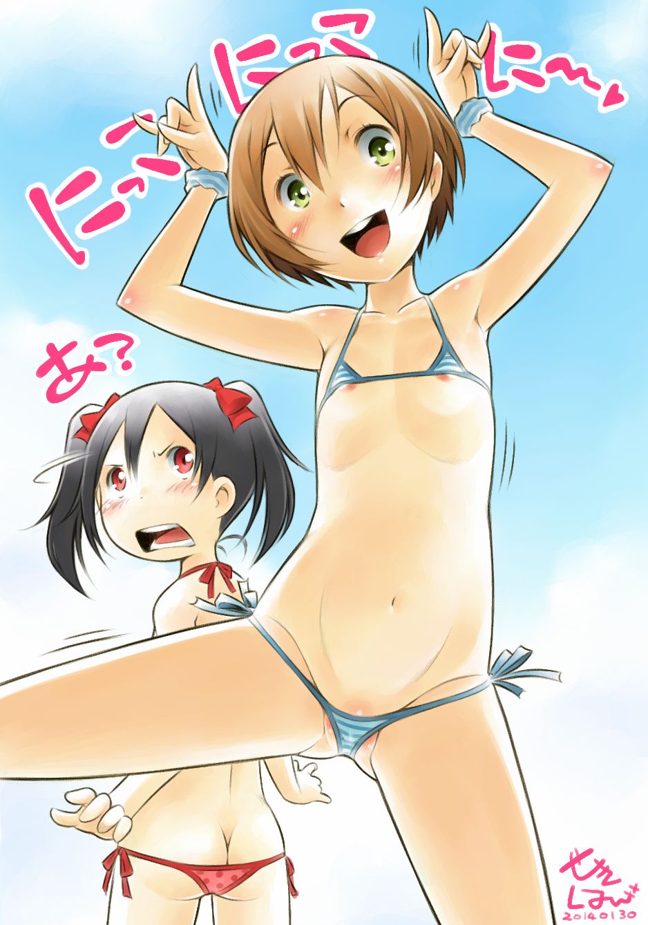 10s 2girls areola_slip artist_name bad_id bad_pixiv_id bikini black_hair brown_hair butt_crack dated green_eyes highres hoshizora_rin long_hair love_live! love_live!_school_idol_project lowleg lowleg_bikini micro_bikini multiple_girls nico_nico_nii partially_visible_vulva polka_dot polka_dot_bikini polka_dot_swimsuit red_eyes scrunchie sekihan short_hair side-tie_bikini_bottom signature striped_bikini striped_clothes striped_scrunchie swimsuit twintails wrist_scrunchie yazawa_nico