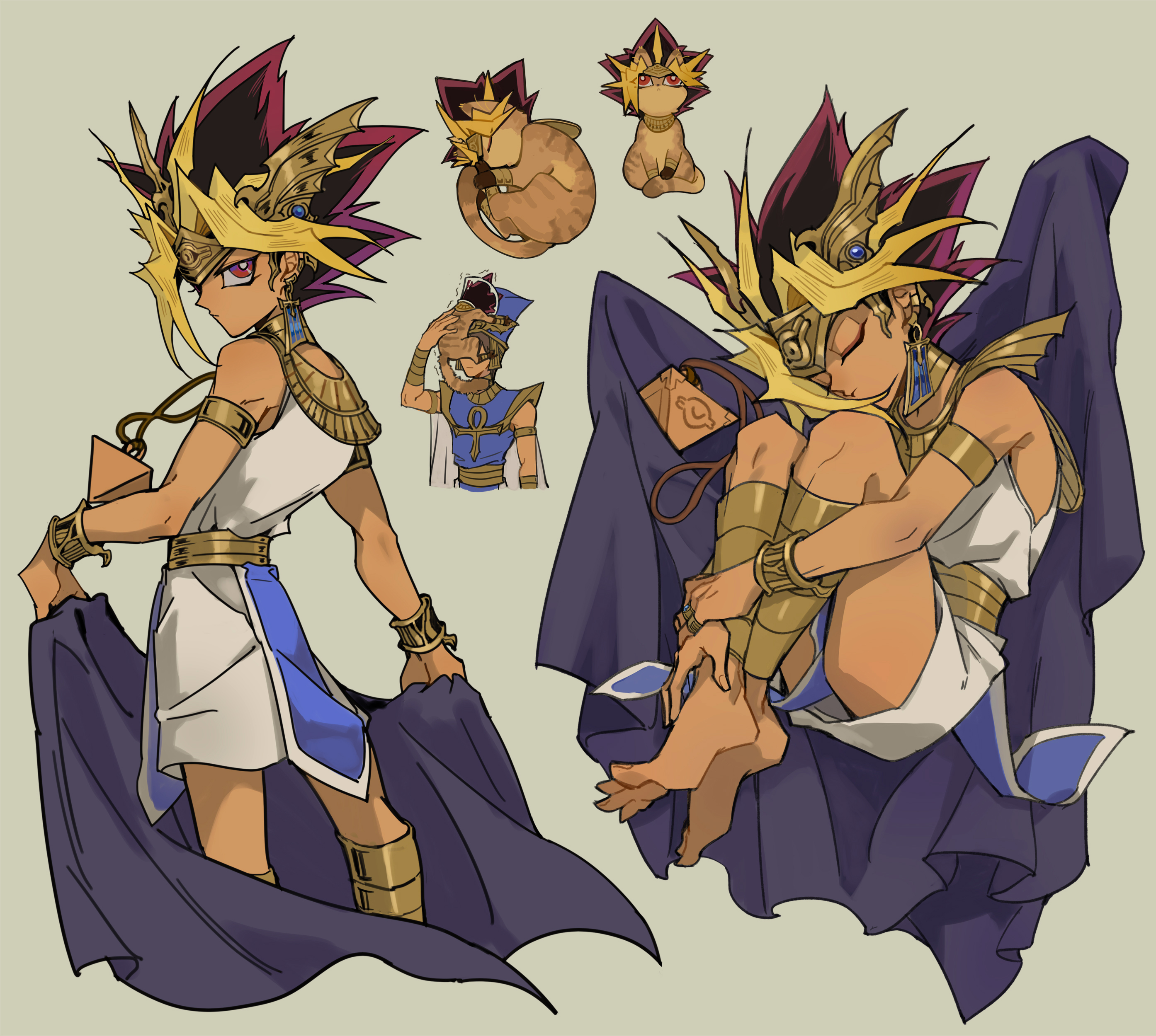 2boys absurdres ancient_egyptian ancient_egyptian_clothes ankh anklet armlet atem bare_shoulders barefoot blonde_hair blue_robe bracelet cape cat cat_on_face circlet closed_eyes colored_bangs earrings eye_of_horus gold_anklet gold_armlet gold_bracelet gold_circlet green_background highres jewelry jingshen_fensui leg_armor looking_at_viewer male_focus millennium_puzzle multicolored_hair multiple_boys multiple_views pharaoh priest_seto purple_cape red_eyes robe saka_nagiya shendyt simple_background sleeveless spiked_hair white_robe yu-gi-oh! yu-gi-oh!_duel_monsters
