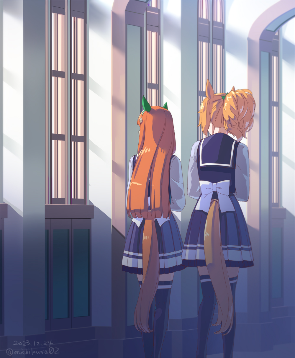 2023 2girls animal_ears back_bow blonde_hair blunt_ends bow clothing_cutout dated ear_covers feet_out_of_frame from_behind highres horse_ears horse_girl horse_tail horseshoe_ornament indoors long_hair long_sleeves looking_to_the_side multiple_girls orange_hair ponytail puffy_long_sleeves puffy_sleeves purple_shirt purple_skirt purple_thighhighs sailor_collar school_uniform shadow shirt short_hair silence_suzuka_(umamusume) skirt taiki_shuttle_(umamusume) tail tail_through_clothes takuzui thighhighs tracen_school_uniform twitter_username umamusume walking window winter_uniform zettai_ryouiki