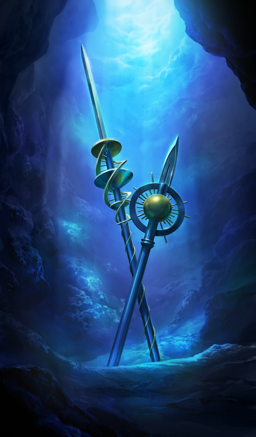 blue_theme commentary crossed_weapons fate/grand_order fate_(series) lasengle light_rays no_humans official_art outdoors planted polearm spear third-party_source underwater weapon weapon_focus