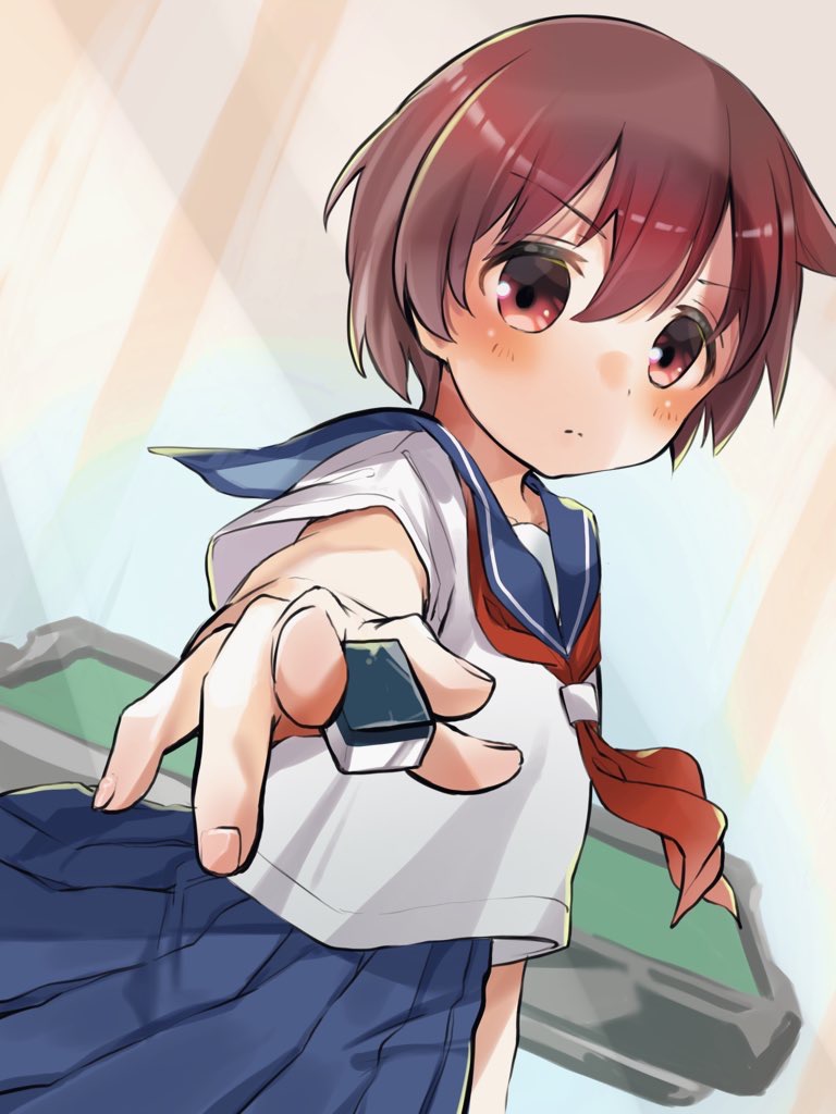 1girl blue_sailor_collar blue_skirt blush brown_eyes brown_hair dot_nose fingernails hair_between_eyes holding holding_mahjong_tile inuneko_ratchi kiyosumi_school_uniform light_frown looking_at_viewer mahjong mahjong_table mahjong_tile miyanaga_saki neckerchief pleated_skirt red_neckerchief sailor_collar saki_(manga) school_uniform shirt short_hair short_sleeves skirt solo table white_shirt