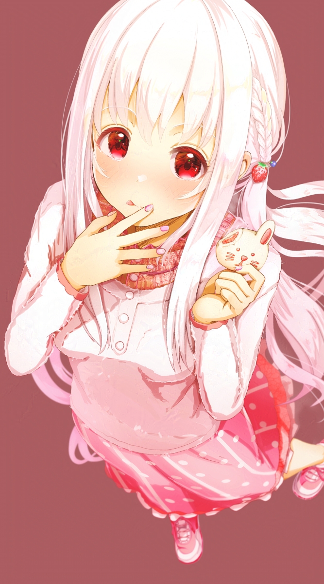 1girl :p aiuabo animal-themed_food blush braid closed_mouth commentary_request dress_shirt eating food food-themed_hair_ornament full_body hair_ornament half_up_braid hand_to_own_mouth highres holding holding_food layered_shirt long_hair long_skirt long_sleeves nail_polish original pink_nails pink_shirt pink_shoes pink_skirt polka_dot polka_dot_skirt red_background red_eyes shirt shoes simple_background skirt solo standing strawberry_hair_ornament tongue tongue_out very_long_hair white_hair white_shirt
