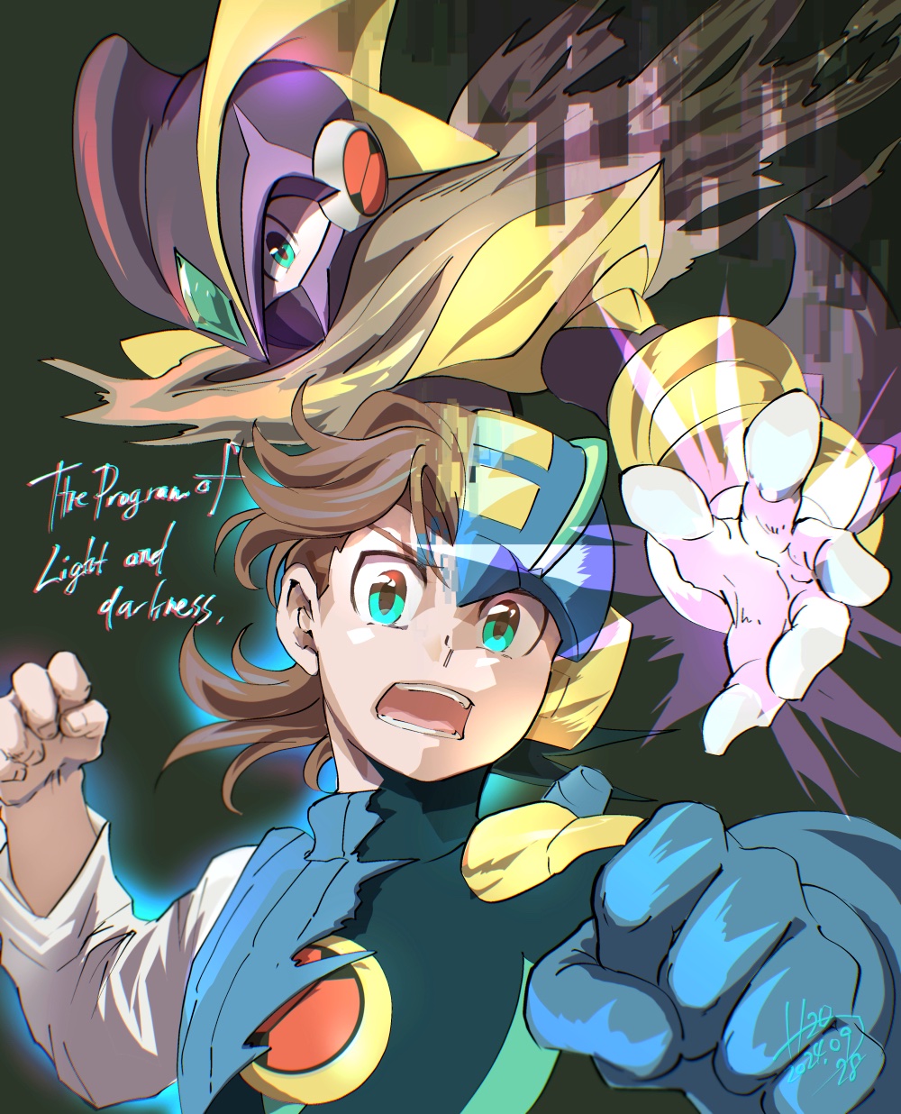 1boy armor bass.exe_(mega_man) black_armor black_helm blue_bodysuit blue_helmet blue_vest bodysuit brown_cloak brown_hair clenched_hands cloak english_text forehead_jewel green_eyes h2o_(gueguecamp) helmet highres hub_hikari_(mega_man) looking_at_viewer mega_man_(series) mega_man_battle_network_(series) megaman.exe multiple_views shirt vest white_shirt