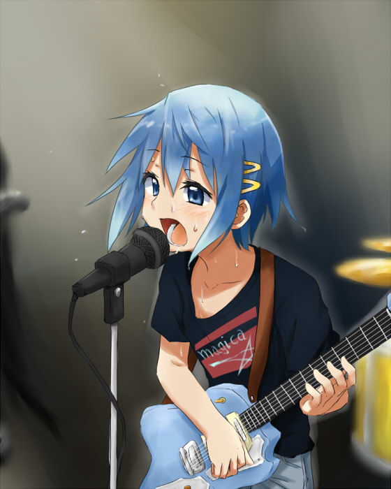 10s 1girl alternate_costume band_(music) blue_eyes blue_hair casual collarbone female_focus guitar hair_ornament hairclip instrument kagiana mahou_shoujo_madoka_magica mahou_shoujo_madoka_magica_(anime) matching_hair/eyes microphone microphone_stand miki_sayaka on_stage open_mouth performance short_hair solo sweat