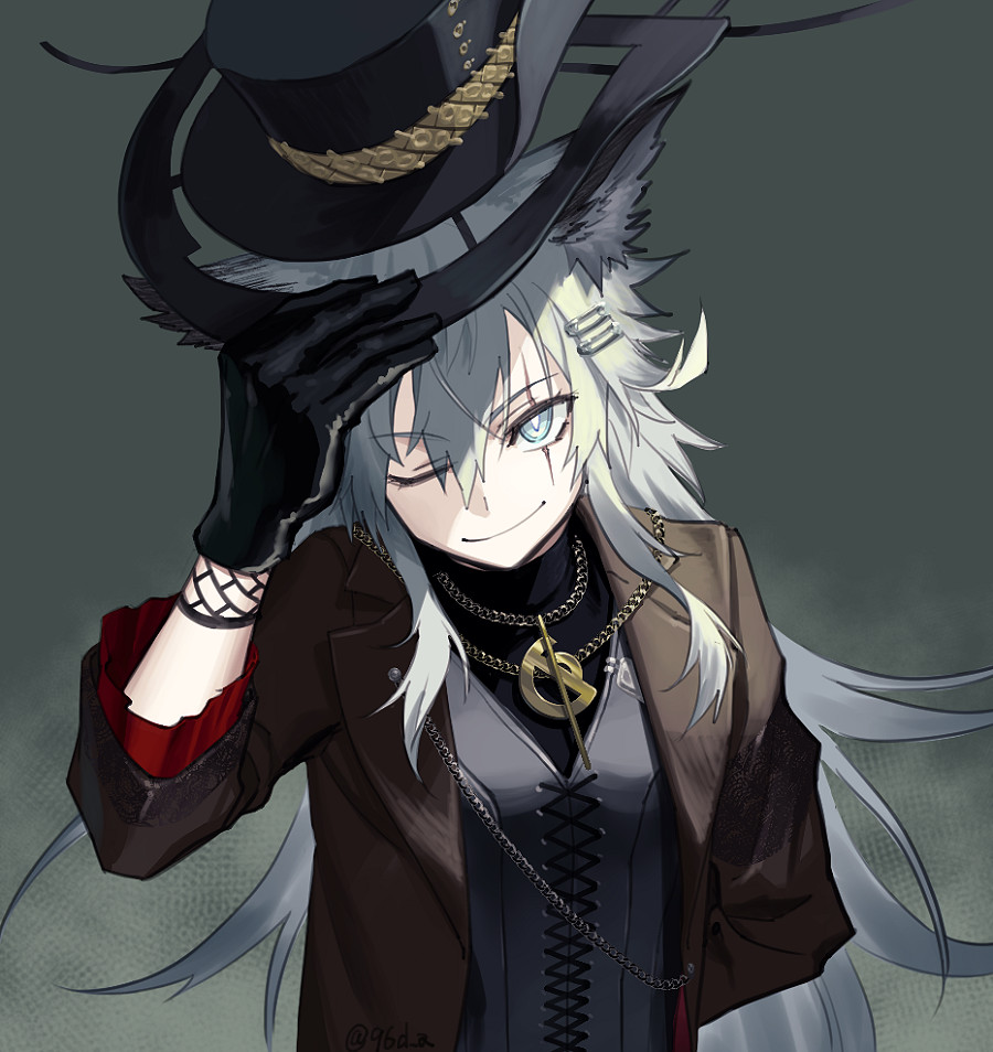 1girl ambience_synesthesia animal_ear_fluff animal_ears arknights arm_behind_back black_gloves black_shirt brown_coat clothing_cutout coat commentary cross-laced_clothes cross-laced_top gloves grey_eyes grey_hair hair_between_eyes hair_ornament hairclip hat hat_tip holding holding_unworn_clothes holding_unworn_hat jewelry kuroda_(nanchara_flight) lapels lappland_(arknights) lappland_the_decadenza_(arknights) long_hair long_sidelocks long_sleeves looking_at_viewer necklace notched_lapels official_alternate_costume one_eye_closed open_clothes open_coat paperclip_hair_ornament scar scar_across_eye scar_on_face shirt sidelocks smile solo three-quarter_sleeves top_hat unworn_hat unworn_headwear upper_body wolf_ears wolf_girl