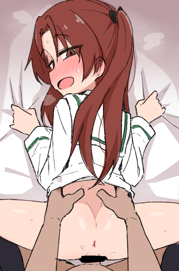 1boy 1girl ame_(amechan17391739) anus ass bar_censor bed bed_sheet blush bottomless brown_eyes censored clothed_sex doggystyle girls_und_panzer hetero kadotani_anzu long_hair lying no_panties on_bed on_stomach pov red_hair sex sex_from_behind simple_background spread_legs steam steaming_body sweat torso_grab twintails