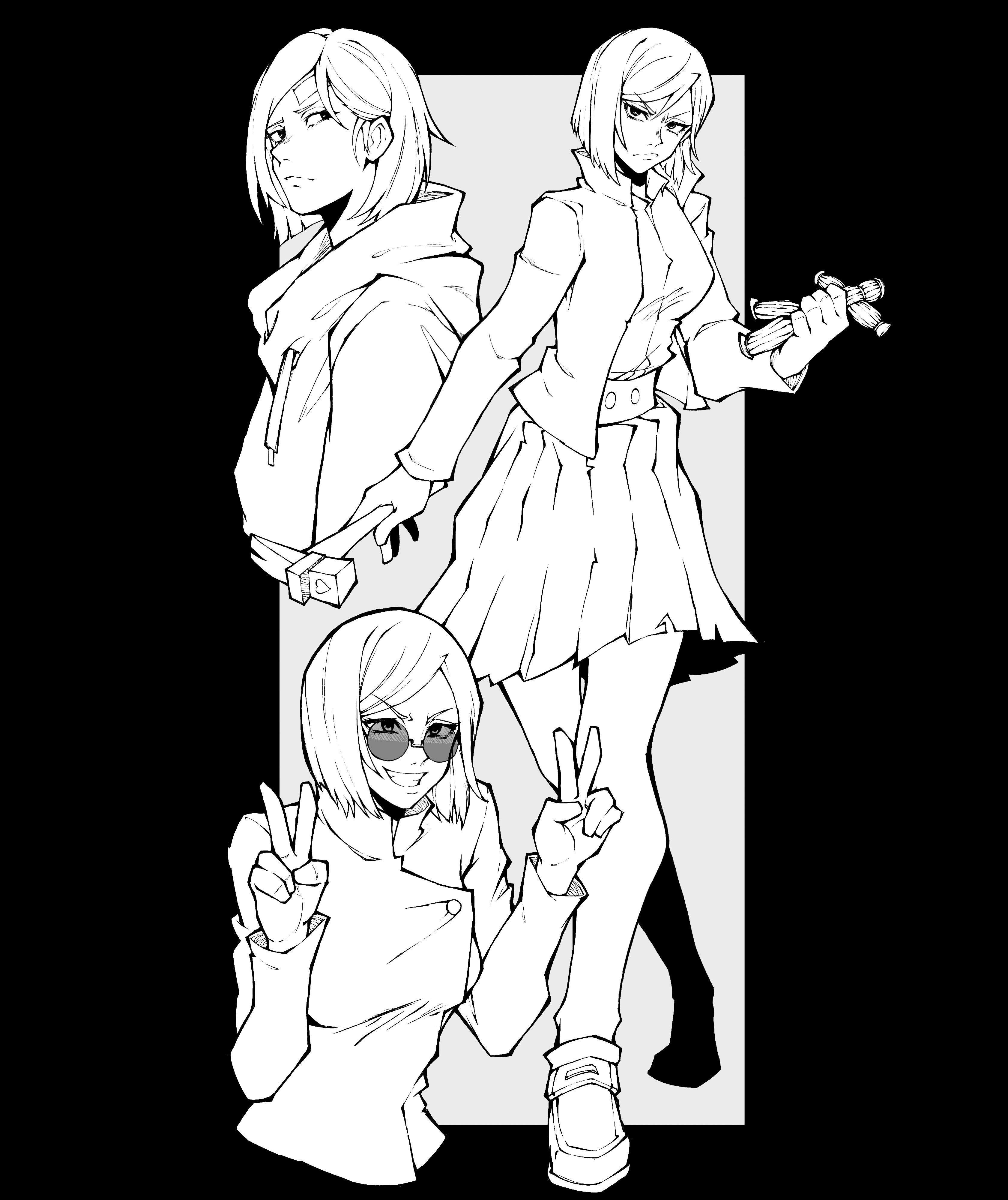 1girl absurdres bandaid bandaid_on_face bob_cut breasts claw_hammer collared_jacket double_v greyscale grimace hammer highres holding holding_hammer hood hood_down hoodie jacket jujutsu_kaisen jujutsu_tech_uniform kekel kugisaki_nobara medium_breasts medium_hair monochrome pantyhose shirt skirt smile sunglasses v voodoo_doll