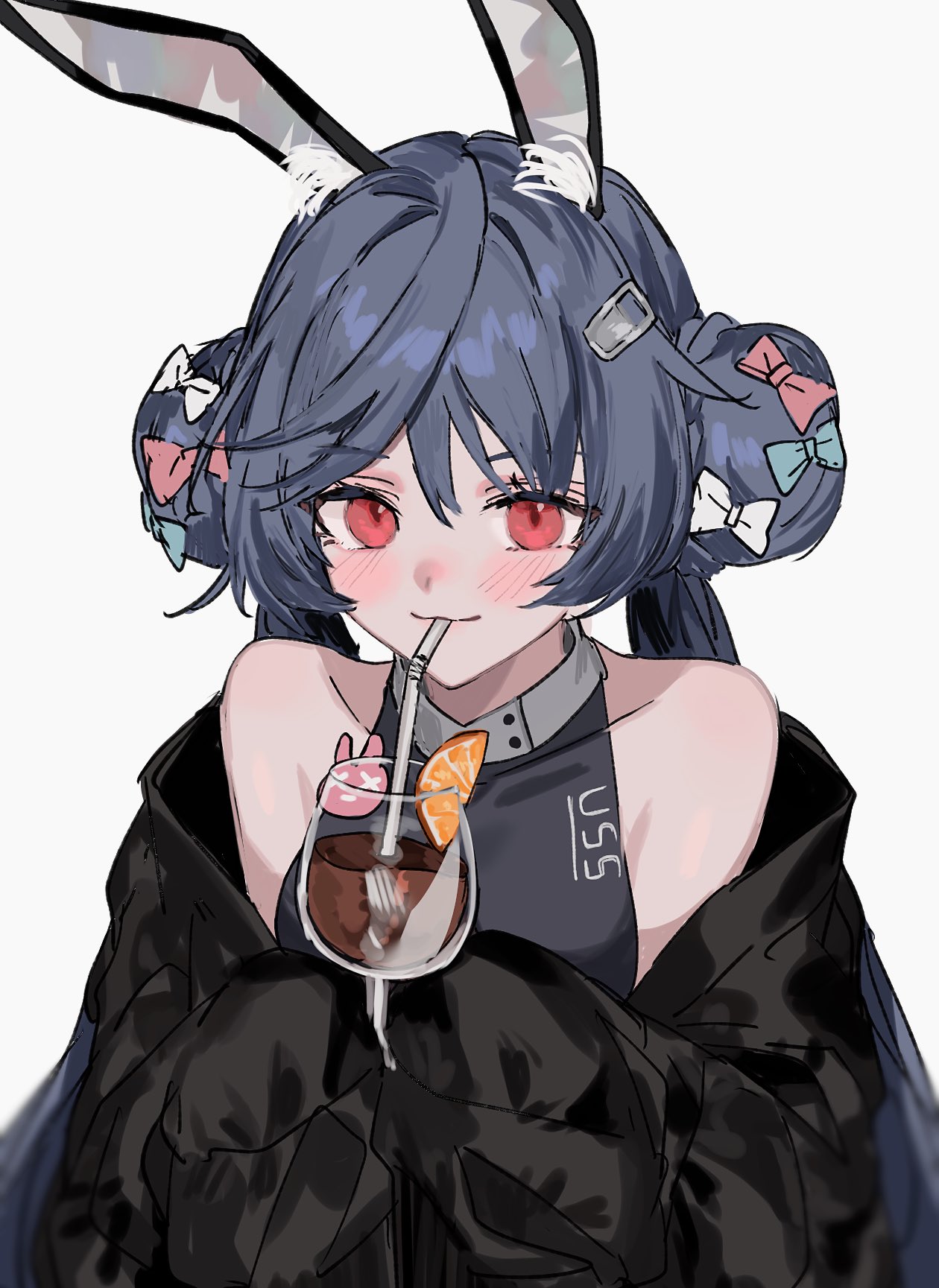 1girl :3 allen_m._sumner_(azur_lane) allen_m._sumner_(charming_rabbit)_(azur_lane) animal_ear_fluff animal_ears aogisa azur_lane bare_shoulders blue_hair blush bomber_jacket bow collarbone cup double_bun drinking drinking_straw drinking_straw_in_mouth eyelashes fake_animal_ears hair_bow hair_bun hair_ornament hairclip highres holding holding_cup jacket leotard light_smile long_sleeves looking_at_viewer off_shoulder official_alternate_costume playboy_bunny rabbit_ears rabbit_girl red_eyes sleeves_past_fingers sleeves_past_wrists solo twintails