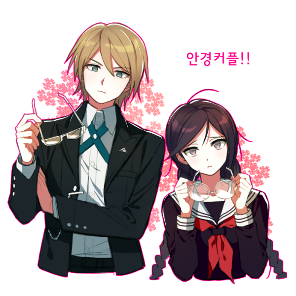 1boy 1girl black_hair black_jacket black_shirt blonde_hair blue_eyes braid collared_shirt commentary_request cropped_torso cross_tie danganronpa:_trigger_happy_havoc danganronpa_(series) dg_xhs floral_background fukawa_toko glasses hand_on_own_arm hand_up hands_up holding holding_removed_eyewear jacket korean_commentary korean_text long_hair long_sleeves looking_at_another neckerchief outline red_neckerchief sailor_collar shirt short_hair togami_byakuya translation_request twin_braids unworn_eyewear upper_body white_sailor_collar white_shirt