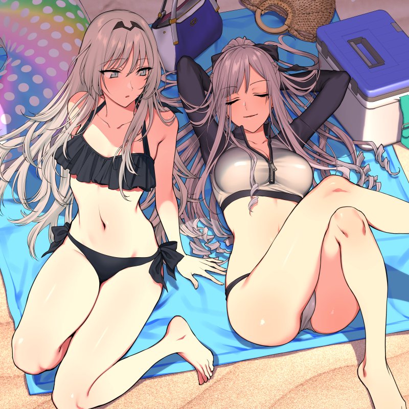 2girls ak-12_(age_of_slushies)_(girls&#039;_frontline) ak-12_(girls&#039;_frontline) an-94_(girls&#039;_frontline) arms_up bare_legs barefoot bikini black_bikini closed_eyes collarbone frilled_bikini frills girls&#039;_frontline grey_hair groin innertube looking_at_another lying mat multiple_girls navel on_back outdoors ponytail rash_guard shoukaki_(earthean) side-tie_bikini_bottom smile straight_hair swim_ring swimsuit thighs