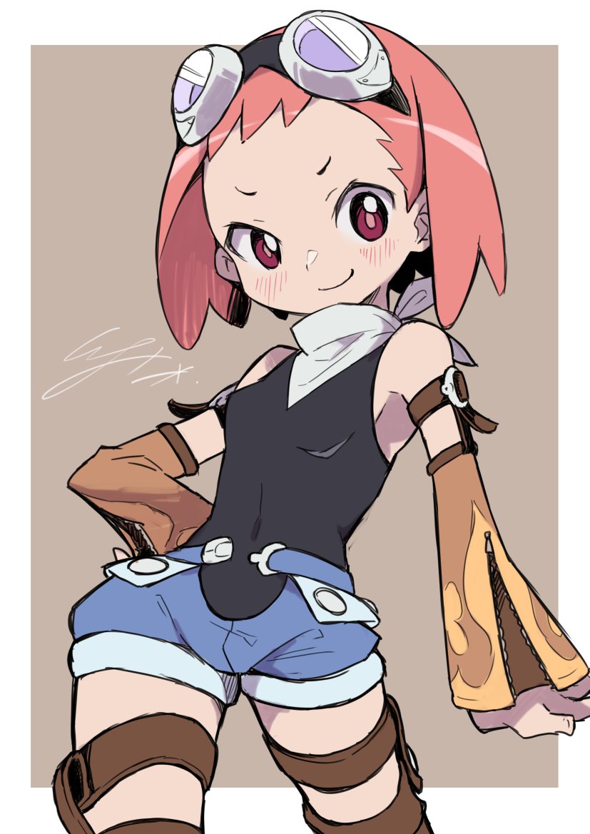 1girl aero_(mega_man) bare_shoulders breasts detached_sleeves female_focus goggles goggles_on_head hand_on_own_hip io_naomichi looking_at_viewer mega_man_(series) mega_man_legends_(series) mega_man_legends_3 neckerchief pink_hair short_hair short_shorts shorts sleeveless small_breasts smile solo white_neckerchief