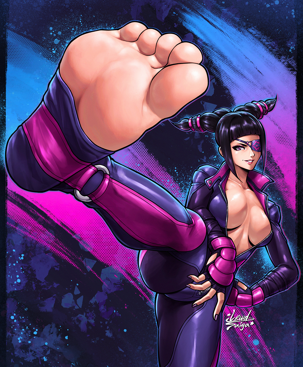 1girl arm_guards artist_name ass barefoot between_legs black_hair black_nails bodysuit breasts cameltoe capcom catsuit cleavage clenched_hand clenched_teeth collarbone collared_bodysuit diagonal_bangs evil_smile eyelashes eyepatch feet female_focus fingerless_gloves fingernails flower_eyepatch foot_focus gloves gluteal_fold greek_toe hair_horns han_juri hand_between_legs hand_on_own_hip heterochromia highres kicking legs lewdsaiga lips long_hair looking_at_viewer nail_polish neck no_bra official_alternate_costume open_bodysuit open_clothes outstretched_foot outstretched_leg parted_lips purple_eyes sidelocks skin_tight smile smirk soles stomach street_fighter teeth thighs toeless_legwear toes v-shaped_eyebrows zipper zipper_pull_tab