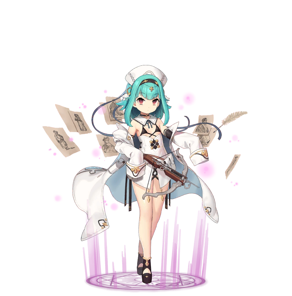 1girl bikini black_bikini bow_(weapon) breasts crossbow expressionless girls_creation green_hair holding holding_crossbow holding_weapon kinjo_kuromomo red_eyes rembrandt_(girls_creation) small_breasts swimsuit thighs weapon