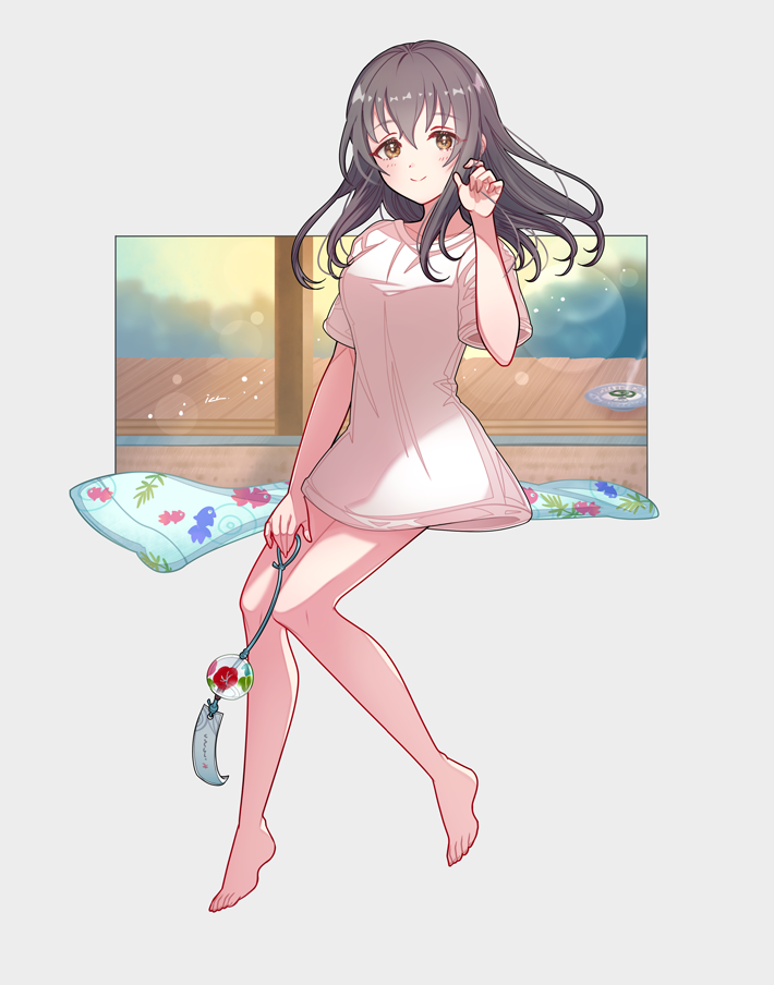 1girl barefoot blurry blush bokeh breasts brown_eyes brown_hair depth_of_field floating_hair fujiwara_hajime full_body hair_between_eyes hand_in_own_hair holding_wind_chime ich. idolmaster idolmaster_cinderella_girls light_particles looking_at_viewer medium_breasts mosquito_coil naked_shirt shirt simple_background smile solo sunlight white_shirt wind wind_chime