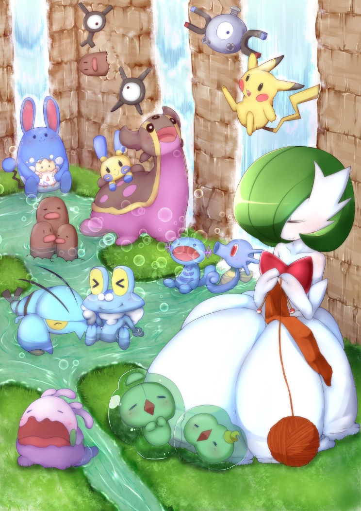 azumarill black_eyes bob_cut bubble clauncher closed_eyes diglett dress dugtrio duosion froakie game_freak gardevoir gastrodon gastrodon_(west) gen_1_pokemon gen_2_pokemon gen_3_pokemon gen_4_pokemon gen_5_pokemon gen_6_pokemon goomy grass green_hair hair_over_one_eye horsea knitting knitting_needle magnemite mega_gardevoir mega_pokemon minun needle nintendo open_mouth pikachu pokemon pokemon_(creature) red_eyes smile solosis togepi unown unown_x unown_y water waterfall white_dress wooper yarn yarn_ball yawning yu_yun