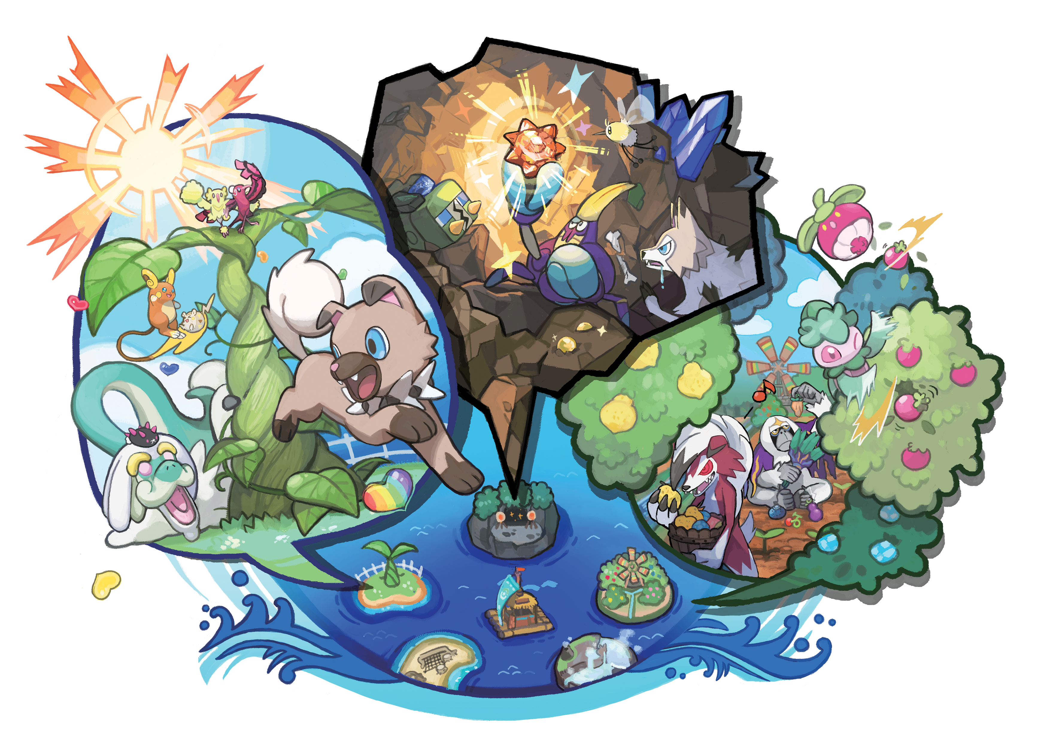 absurdres alolan_form alolan_raichu berry berry_(pokemon) bounsweet charjabug crabrawler crystal cutiefly drampa evolution_stone fomantis gem gen_7_pokemon highres island lycanroc nintendo no_humans ocean official_art oricorio oricorio_(baile) oricorio_(pom-pom) passimian payapa_berry pokemon pokemon_(creature) pokemon_sm pyukumuku raft rockruff sun sun_stone_(pokemon) togedemaru windmill yache_berry