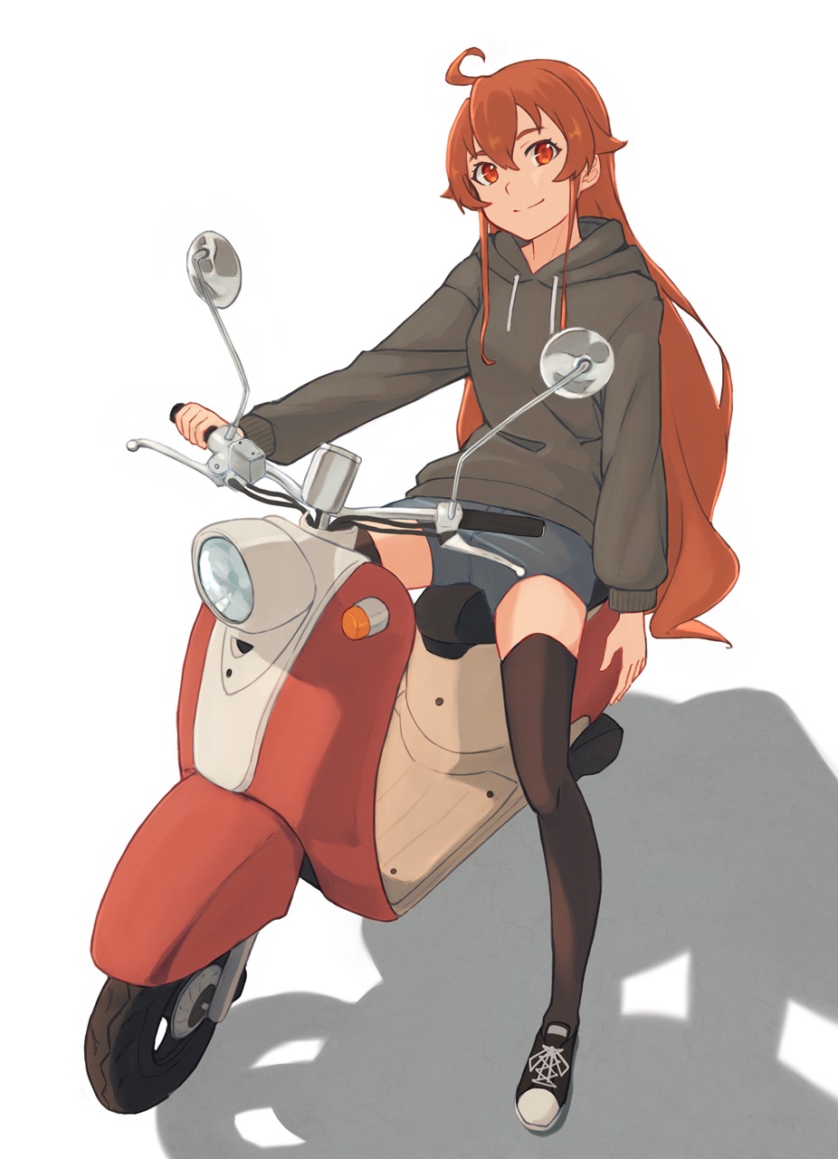 1girl ahoge black_sweater blue_shorts breasts brown_thighhighs closed_mouth contemporary eris_greyrat full_body hair_between_eyes highres kurogoma183 long_hair looking_at_viewer mushoku_tensei on_scooter red_eyes red_hair shadow shoes shorts simple_background small_breasts smile sneakers solo sweater thighhighs very_long_hair white_background