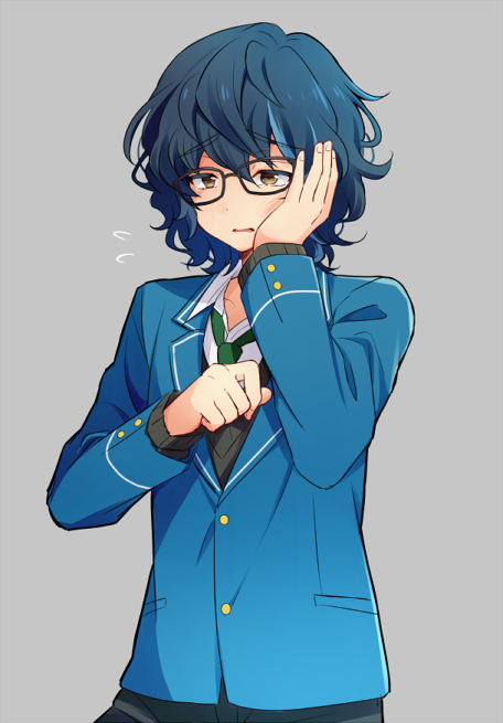10s 1boy aoba_tsumugi blazer blue_hair blush brown_eyes ensemble_stars! glasses jacket male_focus necktie pants plaid_clothes plaid_pants school_uniform short_hair solo take_no_ko wavy_hair
