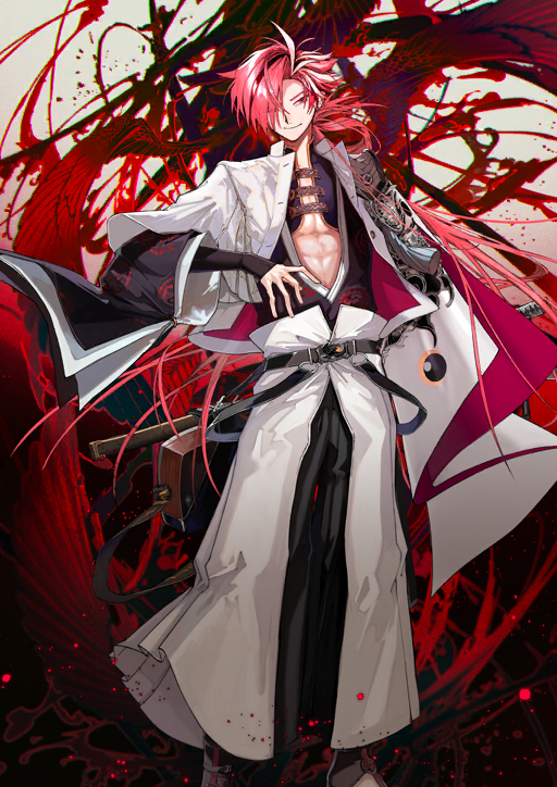 1boy abs arm_at_side armor asymmetrical_sleeves belt black_belt black_pants brown_shoes buttons closed_mouth clothing_request endo_(takolegs) fate/grand_order fate_(series) feet_out_of_frame floating_hair game_cg hair_over_one_eye hand_up high_collar instrument_on_back japanese_armor japanese_clothes katana kote kurokote layered_sleeves long_hair long_sleeves looking_at_viewer male_focus multicolored_hair official_art one_eye_covered pants red_background red_eyes red_hair sheath sheathed shoes smile solo standing streaked_hair sword takasugi_shinsaku_(fate) tassel third-party_source toned toned_male unbuttoned variant_set very_long_hair weapon wide_sleeves