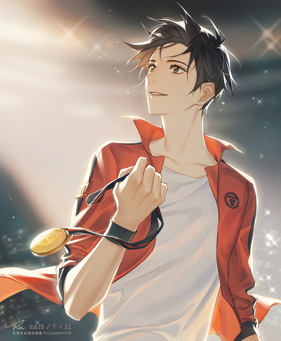 1boy artist_name black_hair brown_eyes clenched_hand collarbone glint hand_up holding jacket jewelry male_focus necklace open_clothes open_jacket parted_lips quan_zhi_gao_shou red_jacket ru_(famia) shirt short_hair signature smile solo sparkle sweat upper_body watch watermark white_shirt wristband ye_xiu