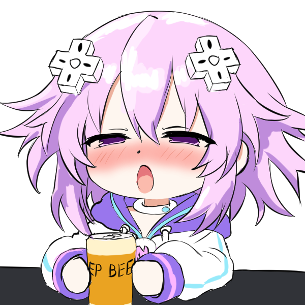 1girl alcohol beer beer_can blush can choker commentary d-pad d-pad_hair_ornament drink_can drunk e;re english_commentary english_text hair_ornament hood hoodie jewelry long_sleeves neck_ring neptune_(neptunia) neptune_(series) open_mouth purple_eyes purple_hair short_hair solo transparent_background