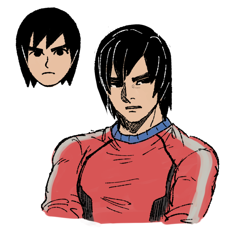1boy black_hair dancho_no_mori frown humanization long_sleeves male_focus mii_(nintendo) mii_brawler mii_brawler_(smash_ultimate) nintendo parted_lips portrait red_sweater reference_inset short_hair simple_background solo super_smash_bros. sweater v-shaped_eyebrows white_background