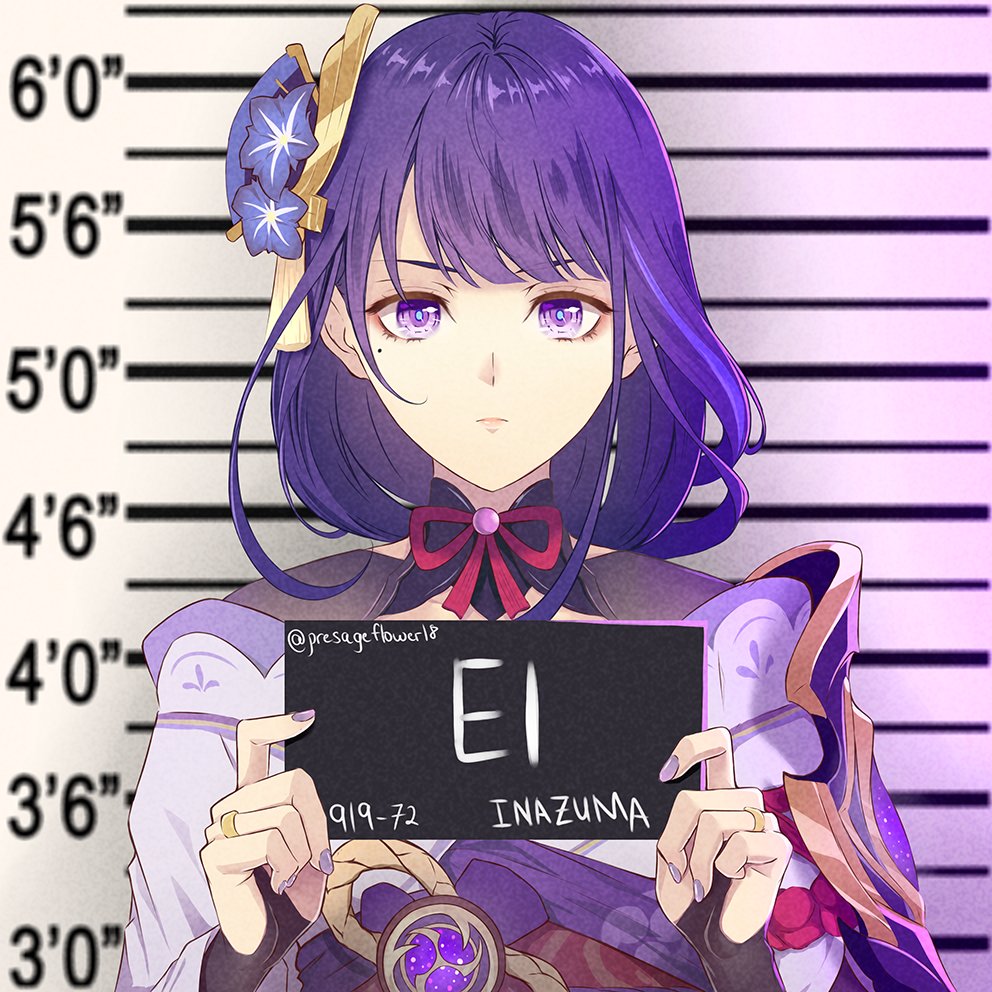 1girl barbie_mugshot_(meme) bridal_gauntlets commentary english_commentary expressionless flower genshin_impact hair_flower hair_ornament height_chart height_mark holding holding_sign japanese_clothes kimono light_frown meme mole mole_under_eye mugshot nameplate phlower_luna purple_eyes purple_flower purple_hair purple_kimono purple_nails raiden_shogun sign solo upper_body