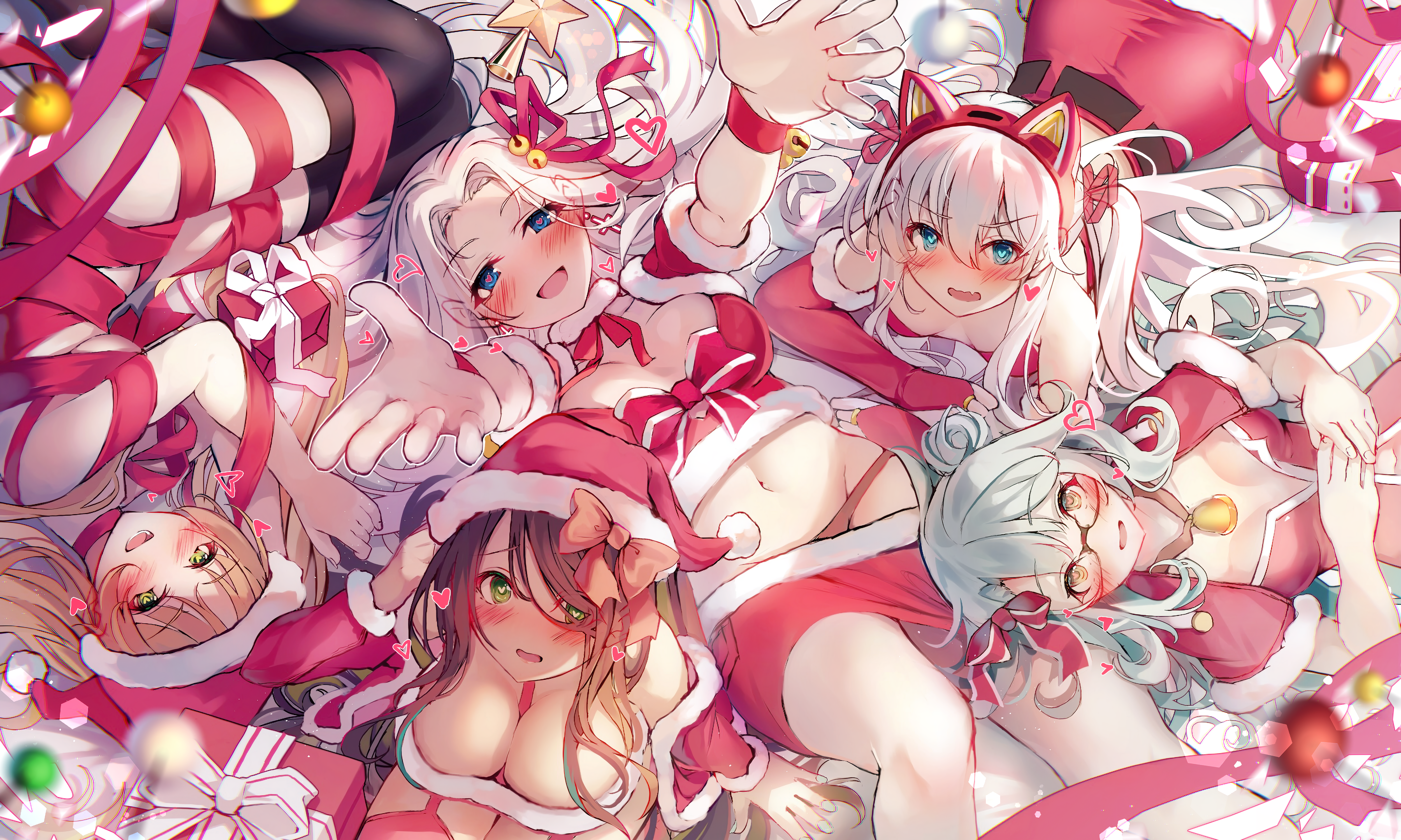 5girls :d absurdres alternate_costume animal_ears aqua_hair arms_up ass azur_lane bare_shoulders bed_sheet between_breasts black_hair black_thighhighs blonde_hair blue_eyes blush box breasts bridal_gauntlets cat_ears cat_hair_ornament chinese_commentary choker christmas cleavage clothes_pull collarbone commentary commentary_request crop_top dark-skinned_female dark_skin english_commentary fake_animal_ears fur-trimmed_shirt fur_trim garter_straps gift gift_box glasses green_eyes green_hair groin hair_between_eyes hair_bun hair_ornament hair_over_one_eye hair_ribbon hair_spread_out hairband hammann_(azur_lane) hammann_ii_(azur_lane) hat heart heart-shaped_pupils heaven's_melody highres hornet_(azur_lane) hornet_ii_(azur_lane) langley_(azur_lane) langley_ii_(azur_lane) large_breasts long_hair long_sleeves looking_at_viewer lying midriff mixed-language_commentary multicolored_hair multiple_girls naked_ribbon navel northampton_(azur_lane) northampton_ii_(azur_lane) off_shoulder on_back on_side on_stomach open_mouth panties panty_peek parted_bangs reaching reaching_towards_viewer red_hairband red_headwear red_panties red_ribbon red_shirt red_skirt red_thighhighs ribbon ribbon_choker santa_costume santa_hat shadow shirt sidelocks single_hair_bun single_side_bun sitting skirt skirt_pull small_breasts smile star_(symbol) stomach strap_between_breasts symbol-shaped_pupils thighhighs twintails two-tone_hair two_side_up underwear very_long_hair white_hair wrist_ribbon yellow_eyes yorktown_(azur_lane) yorktown_ii_(azur_lane)