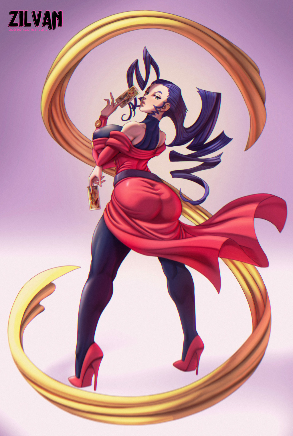 1girl bare_shoulders belt card dress high_heels highres holding holding_card long_hair pink_dress pink_shoes pumps purple_eyes purple_hair rose_(street_fighter) scarf shoes stiletto_heels street_fighter street_fighter_v yellow_scarf zilvan