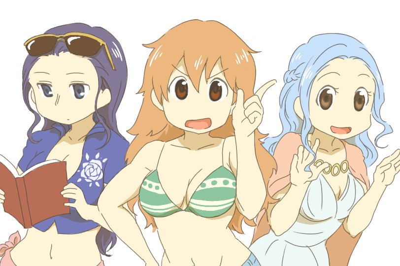3girls arm_tattoo bikini bikini_top_only blue_eyes blue_hair blue_jacket book braid brown_eyes commentary_request cowboy_shot cropped_jacket dress eyewear_on_head hair_slicked_back half_updo hand_on_own_hip holding holding_book jacket long_hair multiple_girls nami_(one_piece) nefertari_vivi nichijou nico_robin nico_robin_(return_to_sabaody) nikoban one_piece orange_hair short-sleeved_jacket short_sleeves sidelocks simple_background smile swimsuit tattoo white_background