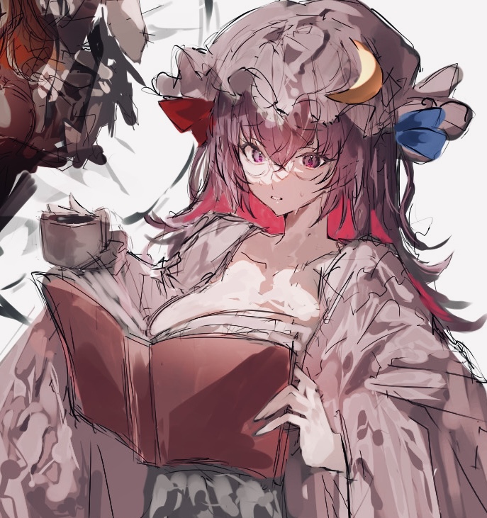 1girl book cloak crescent crescent_hat_ornament cup dress hair_between_eyes hat hat_ornament holding holding_book holding_cup long_hair long_sleeves mob_cap open_book patchouli_knowledge pink_cloak po_(anhk5528) purple_eyes purple_hair solo teeth touhou upper_body white_background white_dress